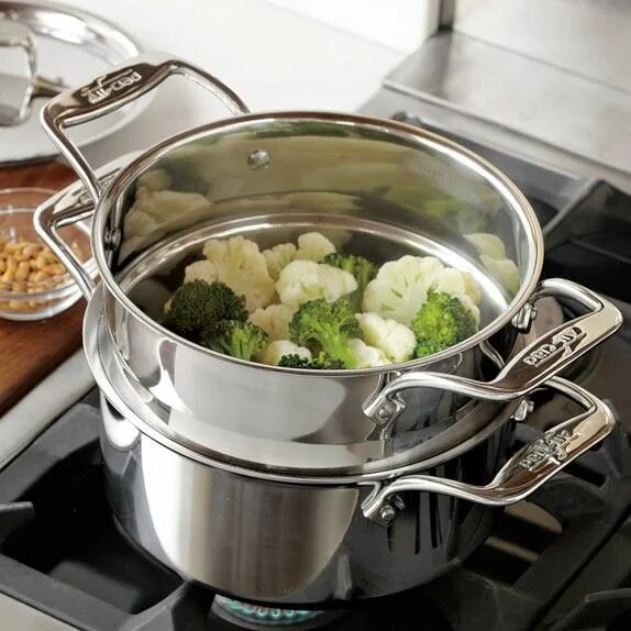 Кастрюля с едой фото All-Clad D5 ® Stainless-Steel Steamer Multipot, 3-Qt. All-clad, Williams sonoma,