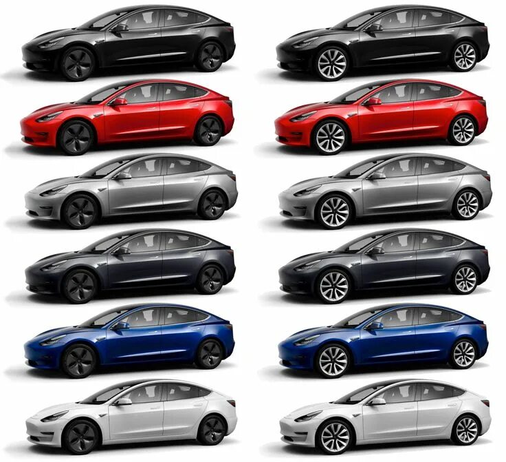 Каталог автомобилей цена фото All 12 Tesla Model 3 color & wheel combos in one picture Tesla model, Tesla, Tes