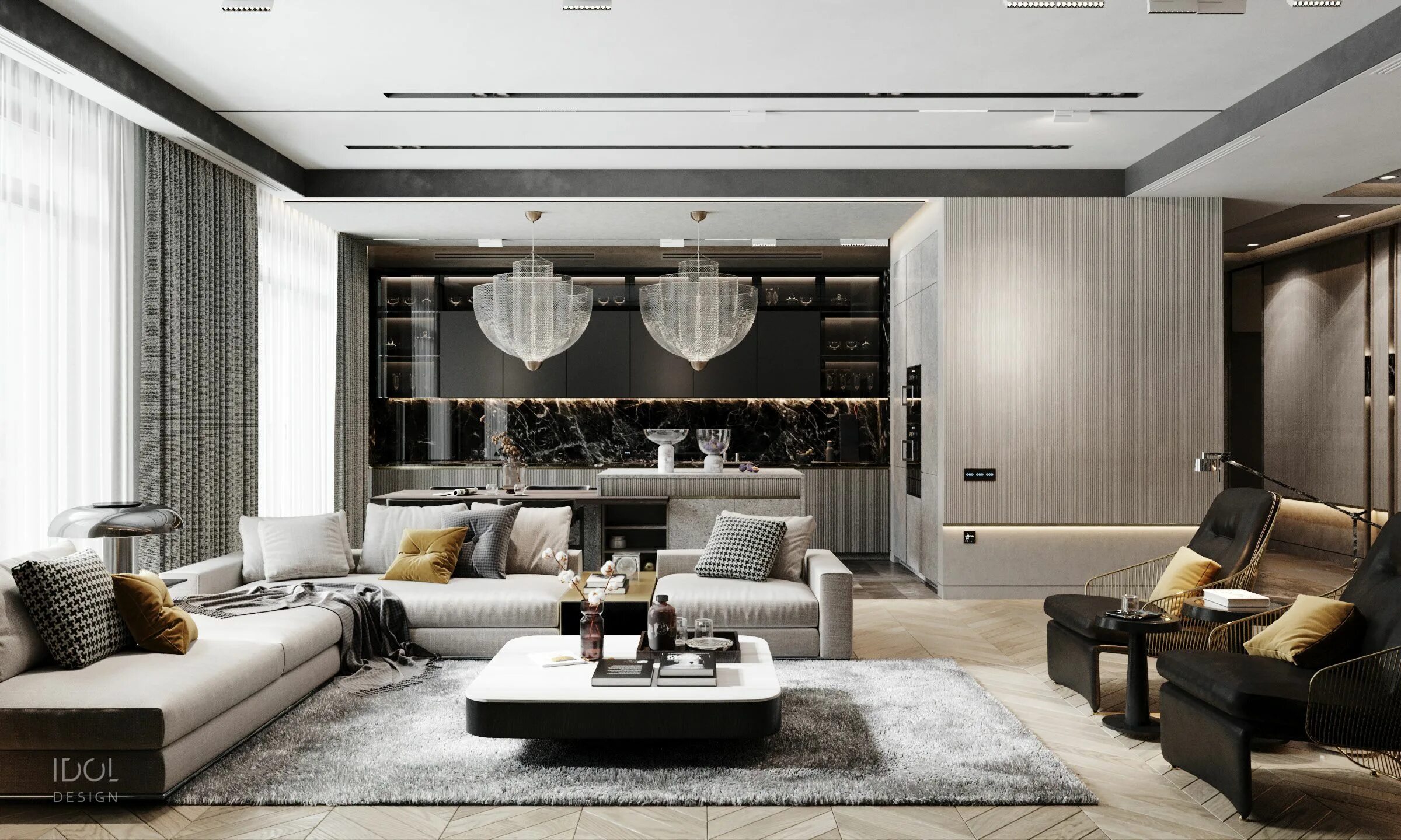 Каталог интерьеров гостиной Luxurious modern kitchen-living room in silver tones from IDOL DESIGN Studio fro