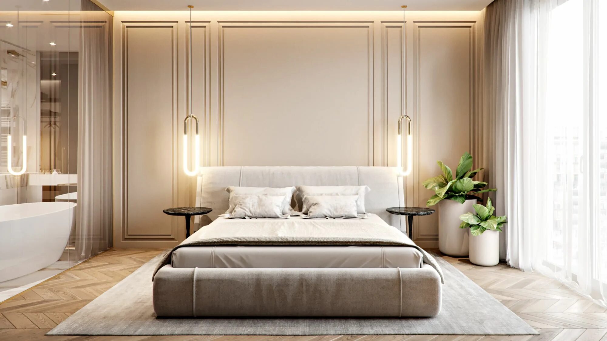 Каталог интерьеров спальни Interior design of apartment. Modern apartment with classic elements. In soft, l