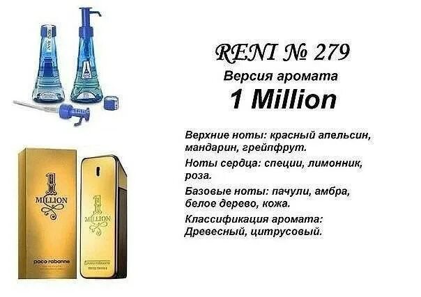 Каталог мужских духов рени фото RENI 279 аромат направления PACO RABANE 1MILLION / Paco Rabanne купить в интерне