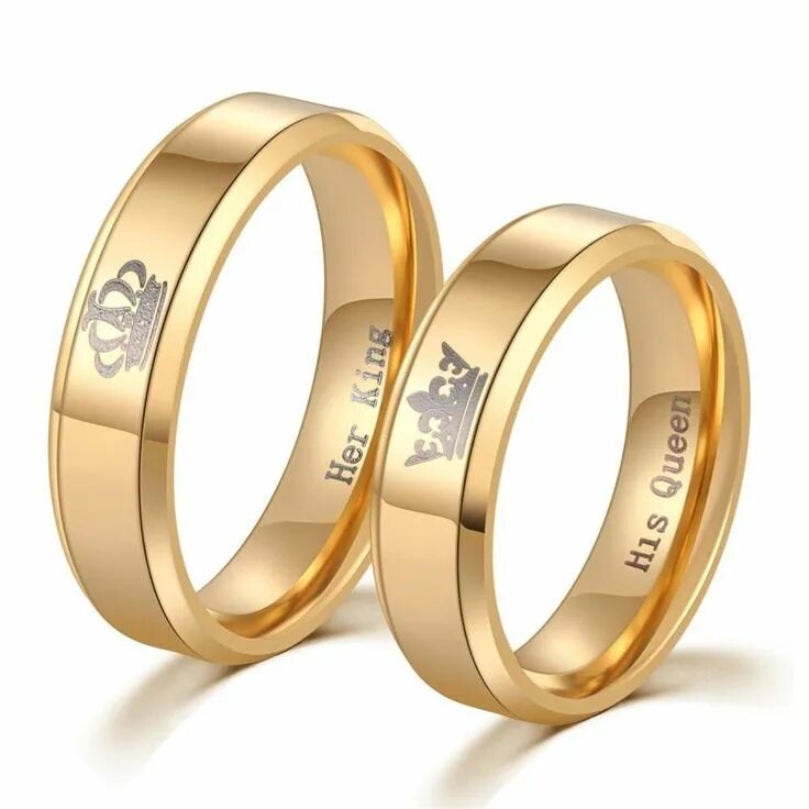 Каталог обручальных колец из золота фото Her King and His Queen Crown Gold Plated Stainless Steel Couples Rings Wedding r