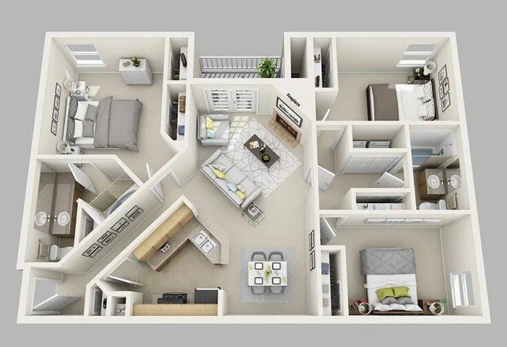 Каталог планировок домов 20 Designs Ideas for 3D Apartment or One-Storey Three Bedroom Floor Plans Home D