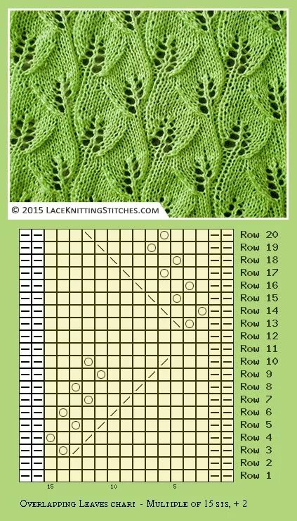 Каталог схем узоров спицами Overlapping Leaves lace pattern. Written instructions + Chart Техники вязания, К