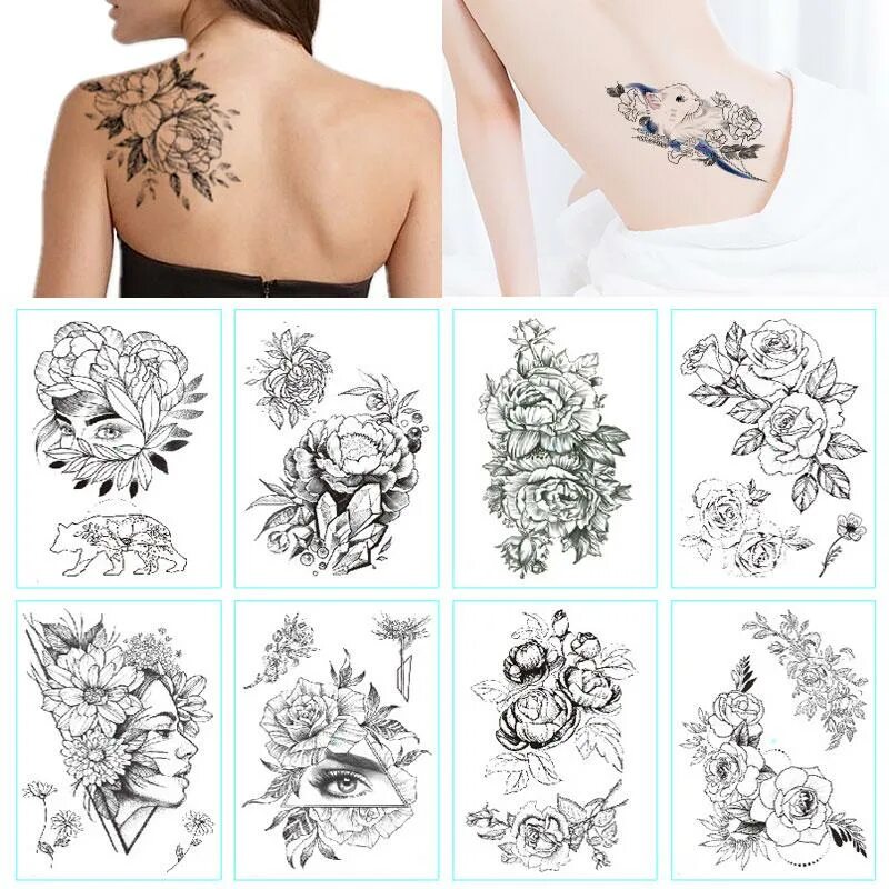 Каталог тату фото Best Black Flower Tattoo Water Transfer Tatoo Sticker Temporary Tattoo Peony Ros