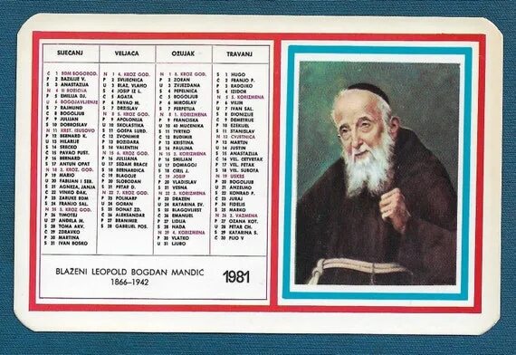 Католический календарь 2024 с праздниками Leopold Bogdan Mandic badge 1976. Priest capuchin Croatian vintage pin com Acces