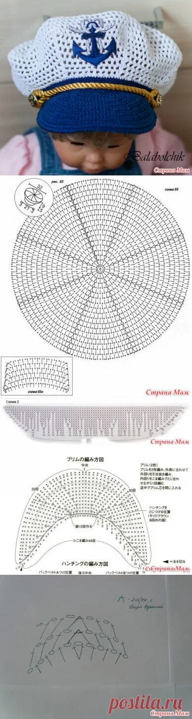 Кепка для игрушки крючком с козырьком схема Капитанская фуражка.МК bērniņiem un zīdainīšiem-1 Постила