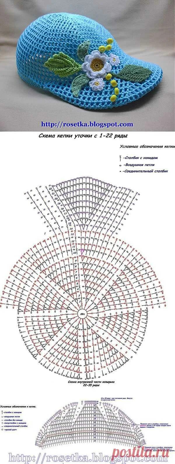 Кепки со схемой крючком Розетка вяжет * Просмотр темы - Мастер-класс. Кепка-уточка головные уборы Постил