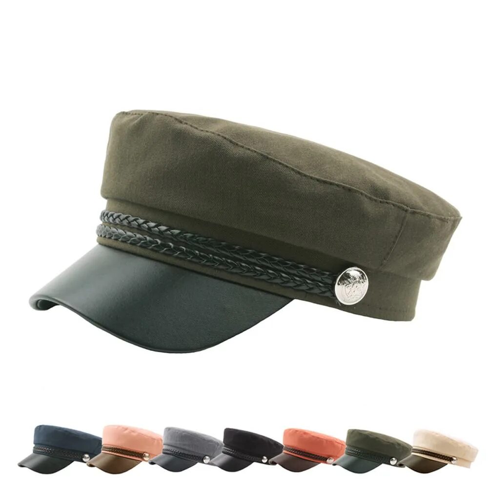 Кепки женские в стиле милитари military market 2019 HN Womens Solid Button Navy Cap Leather Student Caps Outdoor Beret купить н