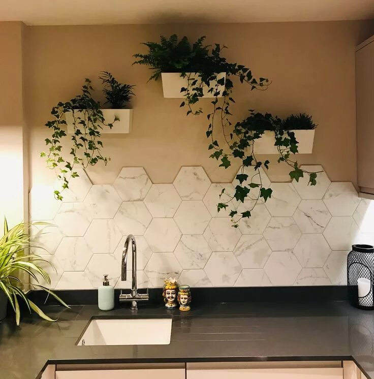 Керамический декор на стену для кухни Marble hexagon tiles in the kitchen with plant wall Kitchen marble, Kitchen wall