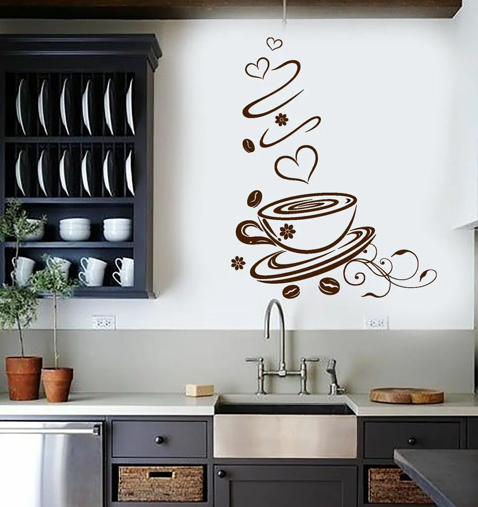 Керамический декор на стену для кухни Wall Vinyl Decal Coffee Shop Cup Kitchen Art Decoration Stickers Unique Gift (ig