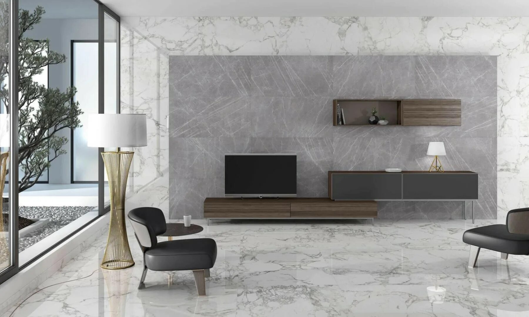 Керамогранит в интерьере гостиной на стене Invisible Gray 60x120 SK Ceramics - Керамогранит СК Керамикс Инвисибл Грэй серый