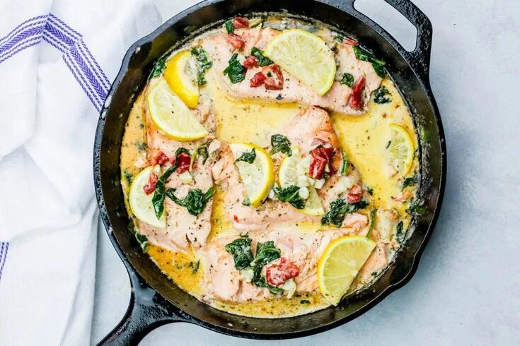 Кето блюда фото One Pot Creamy Lemon Salmon Florentine With Spinach Cream SauceFacebookInstagram