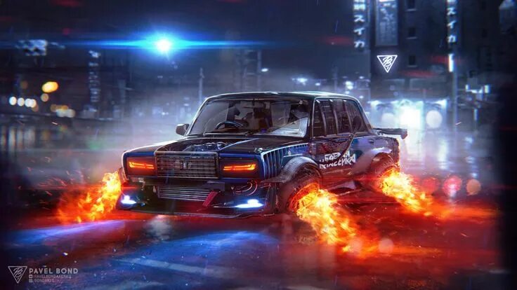 Киберпанк мод на тюнинг авто digital art #Photoshop #artwork #car #futuristic #cyberpunk #fire depth of field