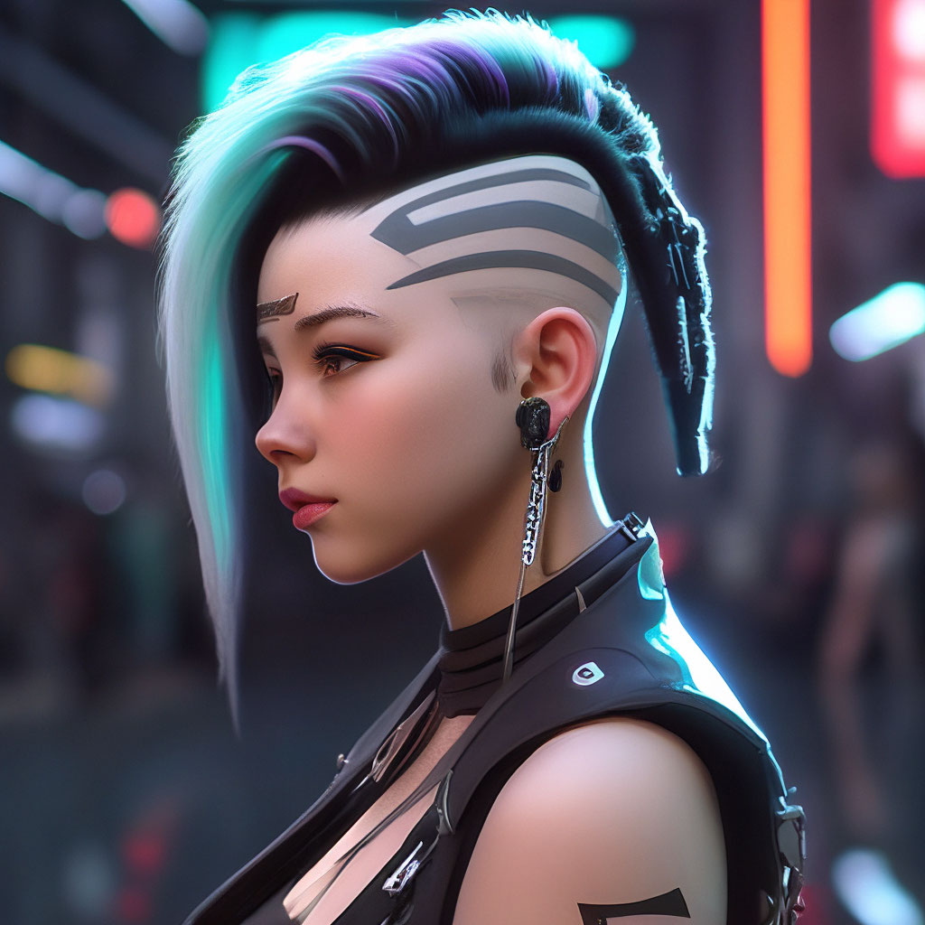 Киберпанк прически "Cyberpunk hairstyle of a girl with ." - image created in Shedevrum