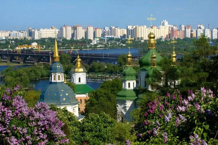 Киев фото города Springtime in Kiev. Lilac bushes with Vidubichi monastery, Kiev, Ukraine , #SPON