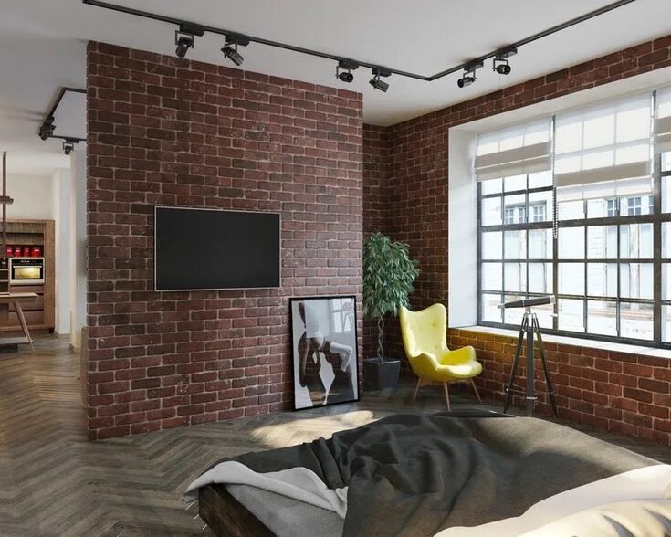 Кирпич лофт фото Студия со стеклянной перегородкой и гардеробной в ванной - INMYROOM Brick interi