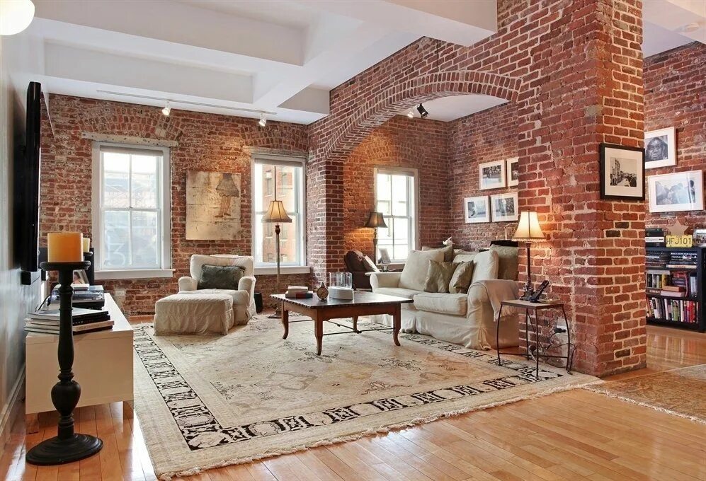 Кирпич в интерьере дома $3M Tribeca Loft Boasts Gorgeous Brick Arches 6sqft Loft interior design, Living