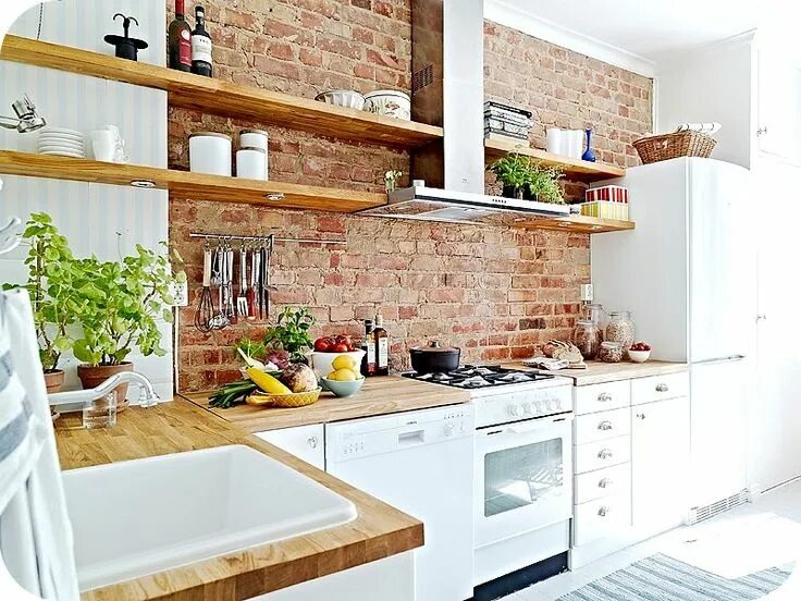 Кирпич в интерьере кухни Brick wall in the kitchen, open shelves. #kitchen Cozinha de tijolos expostos, I