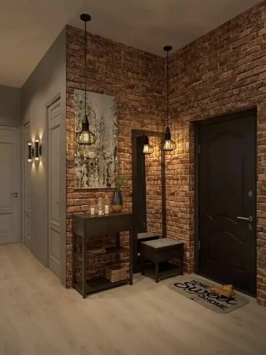 Кирпич в отделке интерьера прихожей фото Интерьер прихожей лофт Industrial home design, Brick interior, Home room design