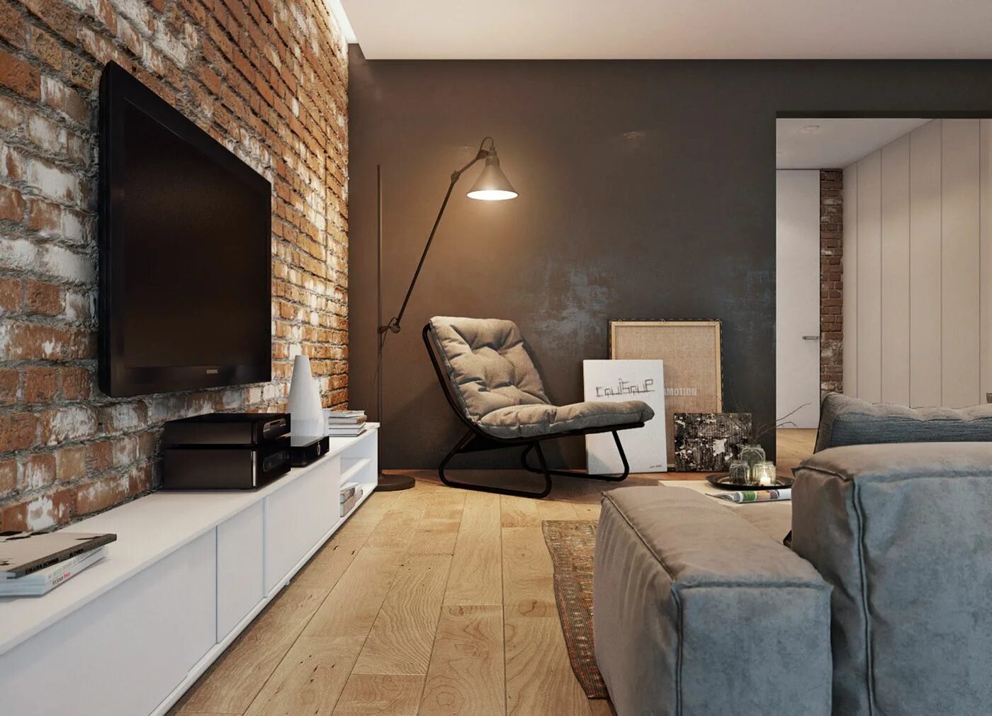Кирпич в современном интерьере residence in Prague. on Behance Brick living room, Brick wall living room, Loft 
