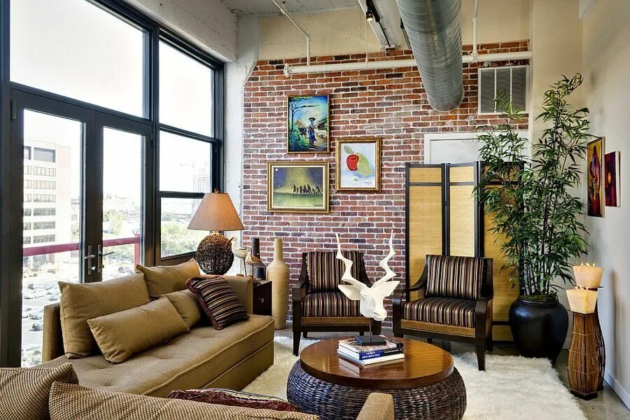 Кирпич в современном интерьере Bamboo in a pot for the cool living room - Decoist Industrial living room design