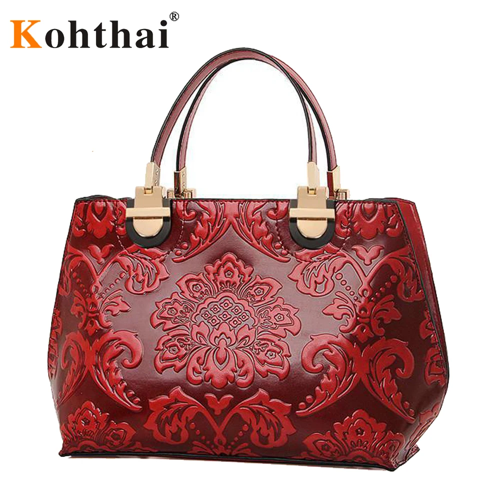 Китай сумочки kohthai Chinese Style Red Floral Women Bag Hobos Brand Leather Luxury Handbags W