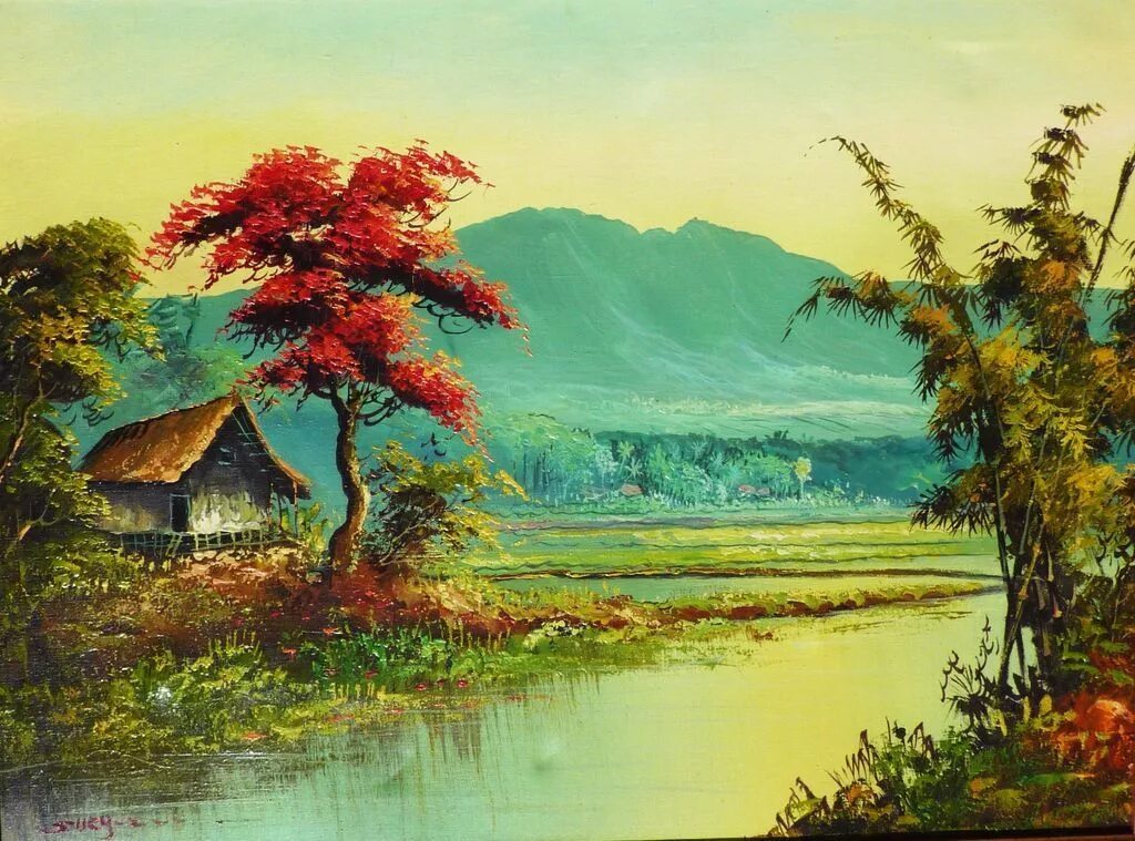 Китайская живопись маслом на холсте фото Colorful landscape oil painting of tropical Asian scene possibly Indonesia Oil p