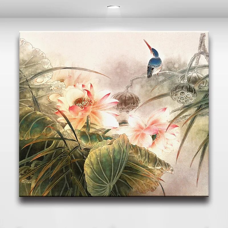 Китайская живопись маслом на холсте фото Traditional Chinese Painting Cuspirostrisornis On Lotus Pond Canvas Print Wall A