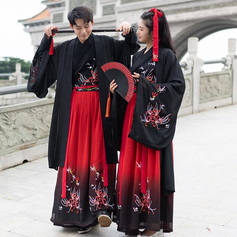 Китайские одежды фото Chinese Couple Black Red Hanfu Female Retro Traditional Embroidery Costume Men T