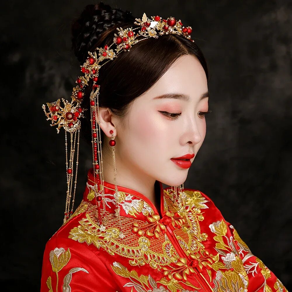 Китайские прически New Chinese Classical Bride Headdress Red Simulated Pearl Hair Step Long Drop Ea