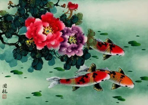 Китайские рыбки фото Koi Fish & Peony Flowers Art - Asian Artwork