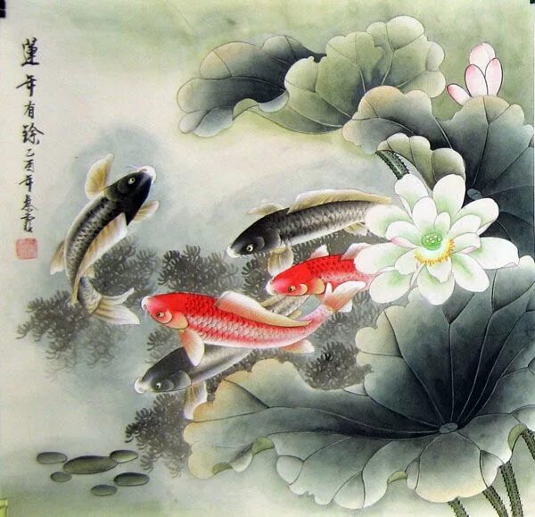 Китайские рыбки фото Lotus and Five Fish - Chinese fish painting Chinese art painting, Koi art, Paint