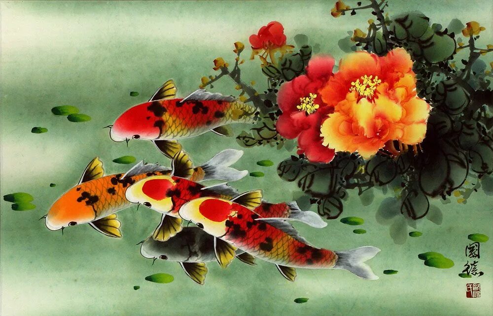 Китайские рыбки фото Koi Fish & Peony Flowers Painting - Asian Art Flower painting, Koi fish, Koi