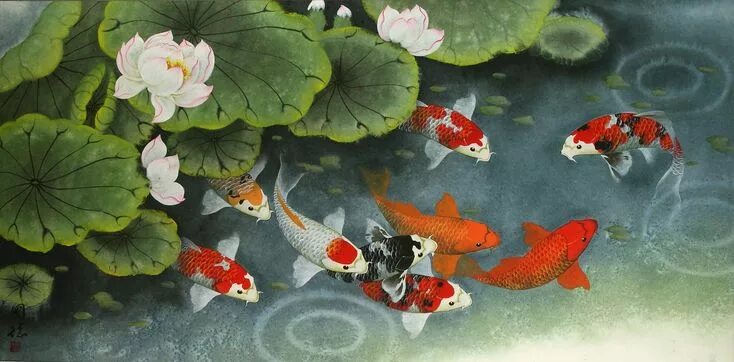 Китайские рыбки фото Koi Fish Feeding Time Painting Time painting, Koi fish drawing, Fish artwork