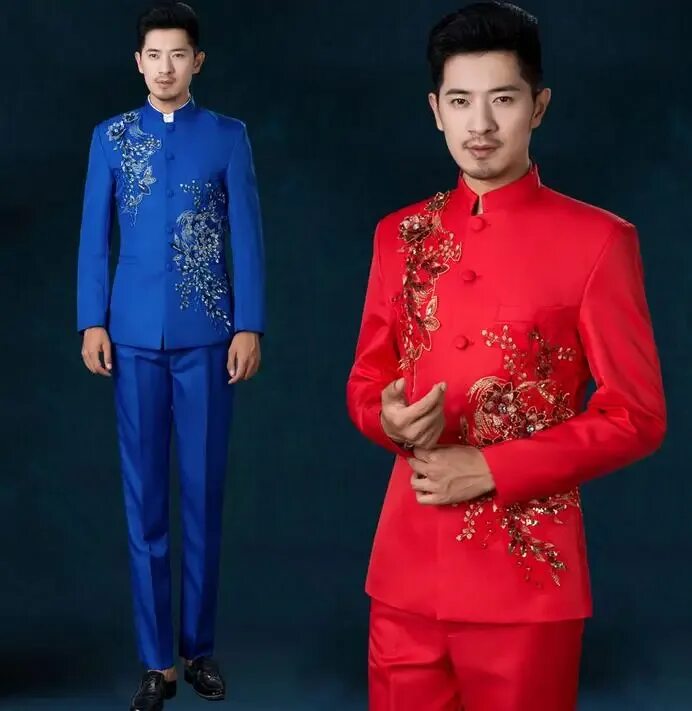 Китайский мужской стиль White black red stand collar costume slim men chinese tunic suit set flowers wit