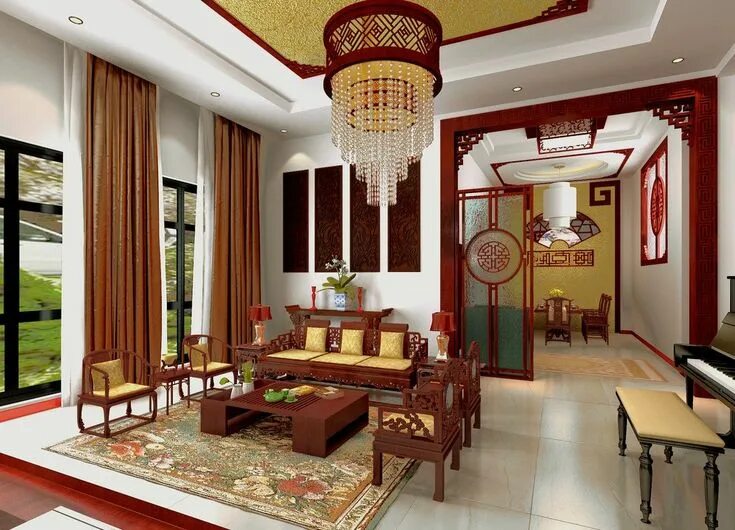 Китайский стиль в дизайне интерьера Traditional Living Room Interior Design with Beautiful Chandelier