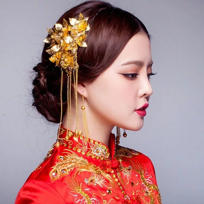 Китайский женский прическа 2 pcs Bridal Chinese gold tone flower Hair comb Phoenix Crown RB698