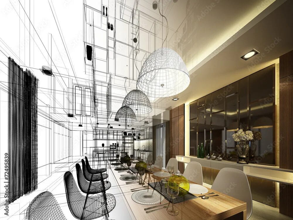 Класс дизайну интерьера abstract sketch design of interior dining, 3d render Иллюстрация Stock Adobe Sto