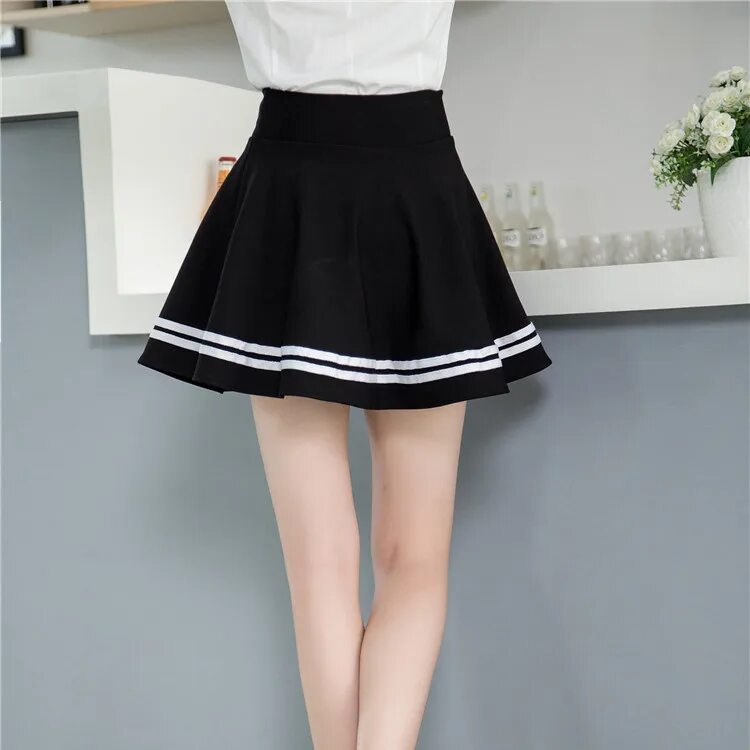 Класс юбки фото White stripe black high waisted pleated mini puff skirts for women ladies girls 