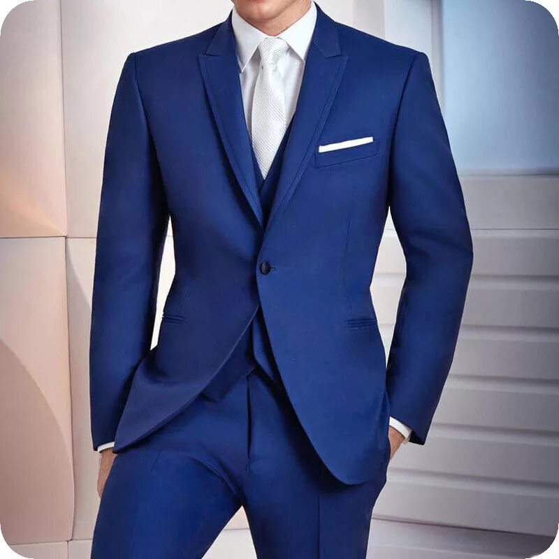 Классический синий фото Slim Costume Homme Royal Blue Men's Classic Suits for Wedding Groom Tuxedo Peake