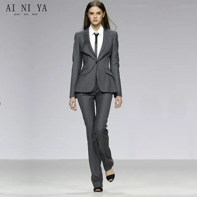 Классический женский стиль Custom Gray Women's Formal Uniform Uniform Slim 2 Piece Suits Business Women Wor