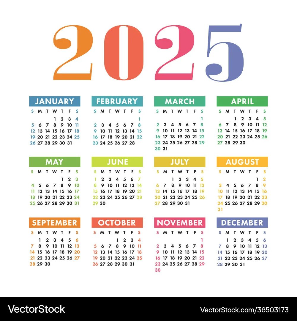 Клерк производственный календарь на 2025 год Calendar 2025 year english colorful square wall Vector Image