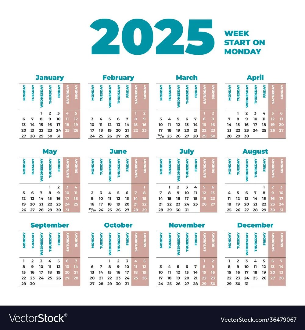 Клерк производственный календарь на 2025 год 2025 calendar template with weeks start on monday Vector Image