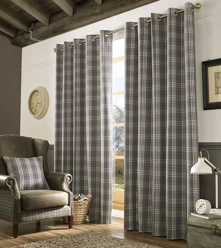 Клетчатые шторы в интерьере Ashley Wilde 90 x 90-Inch Archie Tartan Check Ready Made Eyelet Curtains, Slate 