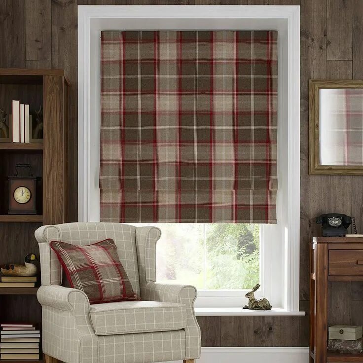 Клетчатые шторы в интерьере Red Highland Check Blackout Roman Blind Curtains with blinds, Blackout roman bli