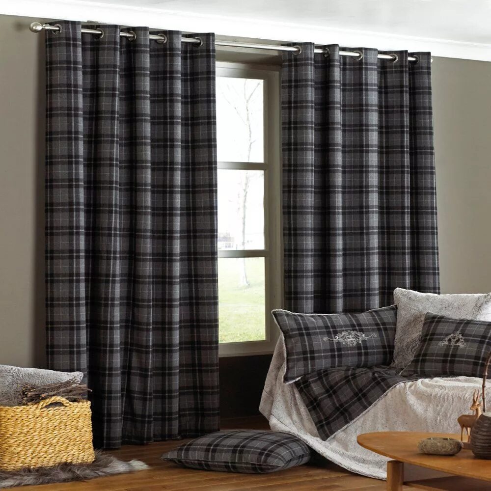 Клетчатые шторы в интерьере Riva paoletti Chamonix charcoal tartan check eyelet curtain Tartan curtains, Cur