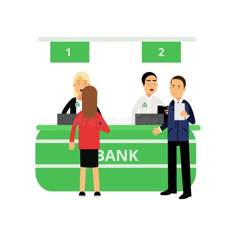 Клиенты банка фото Cheerful Bank Employees and Clients at Reception Desk. Banking Service. Cartoon 