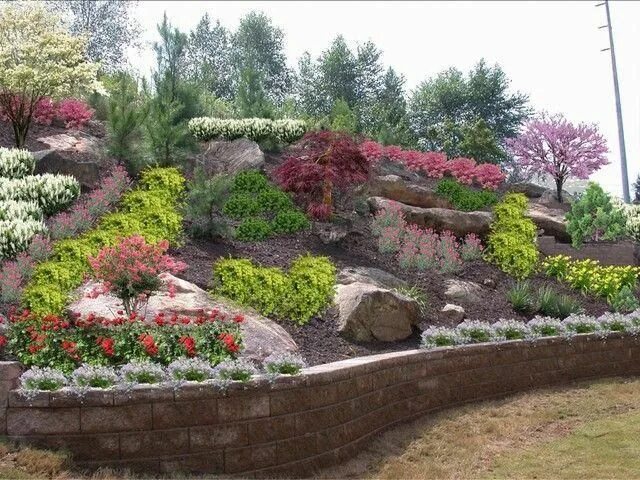 Клумба на склоне фото Sloped Garden Idea Sloped backyard landscaping, Sloped garden, Large backyard la