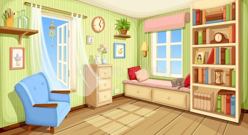 Книга детская комната фото Cozy room interior. Vector illustration. Vector cozy room interior with bookcase